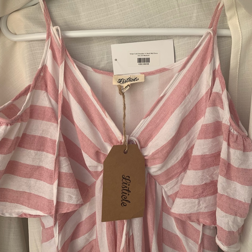 Stripe Cold Shoulder V-Neck Mid Dress